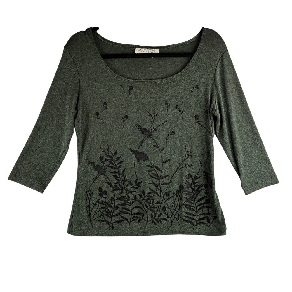 Vintage Giorgio Fiorlini 3/4 Sleeve Green Botanical Scoop Neck Women's Small Y2K